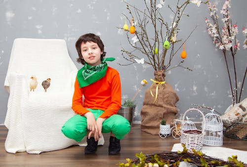 Boy Almost Sitting Near Sofa Chair Beside White Metal Bird Cages