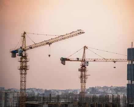 Skyline view of an urban construction site with prominent tower cranes at dusk.