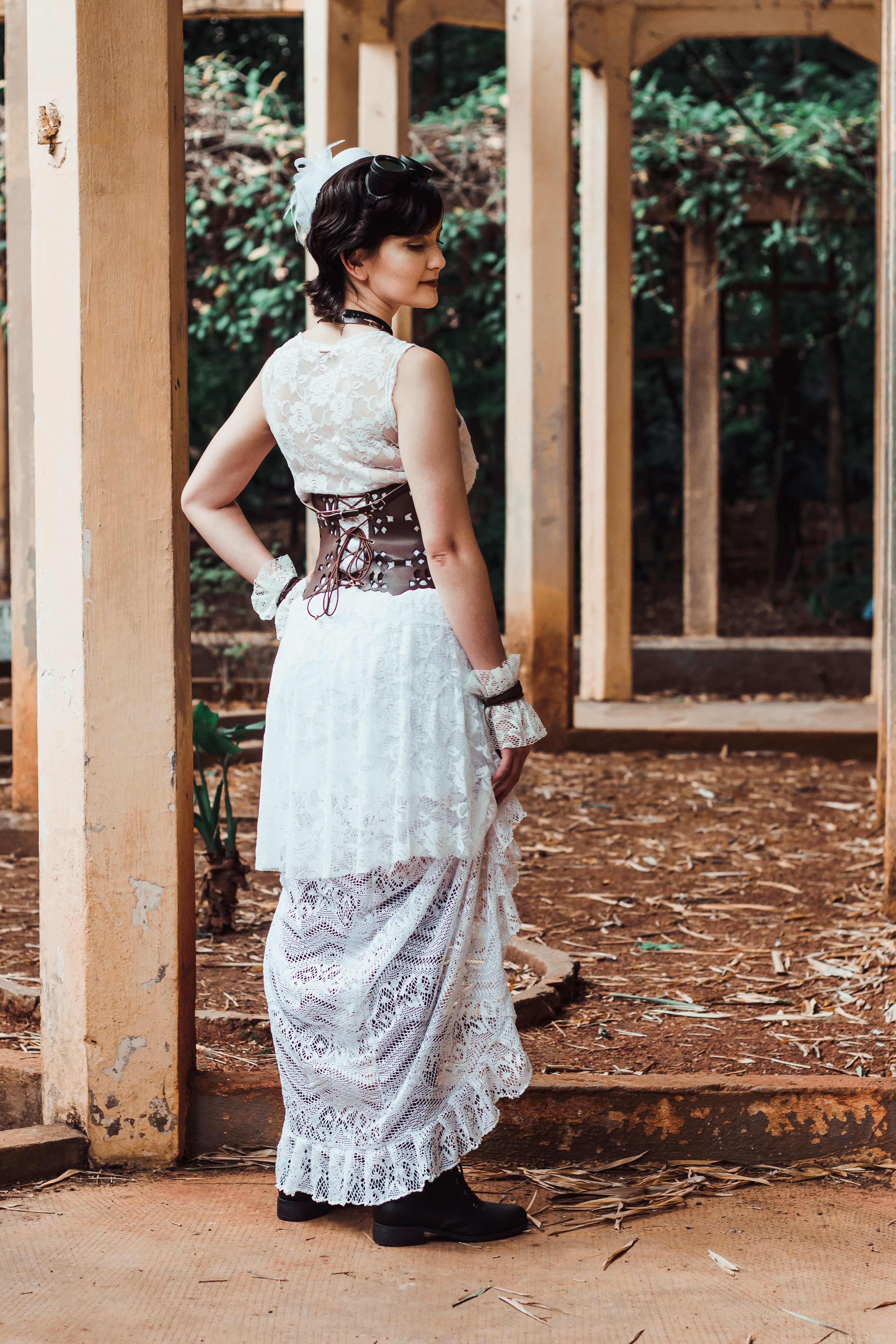 Back View Photo of Woman in White Sleeveless Lace Dress Posing  Free Stock  Photo