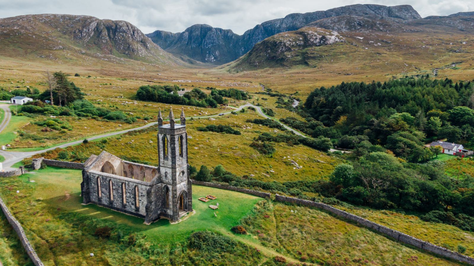 Aerial view of a abandoned church in County Donegal's countryside