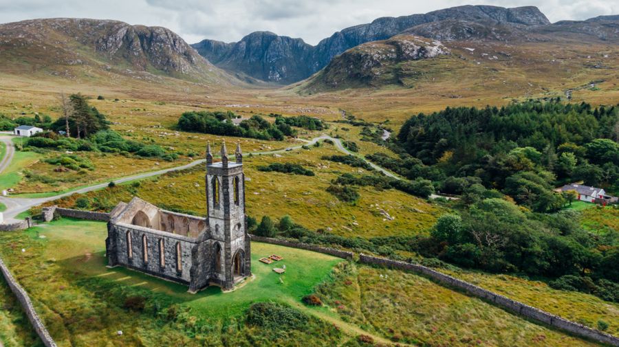 Aerial view of a abandoned church in County Donegal's countryside