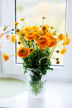 窗前玻璃花瓶里，一束明亮的黄色毛茛花漂亮地排列着，展现出活泼的自然气息