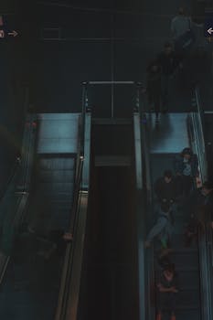 现代城市室内环境中自动扶梯上人们的顶视图