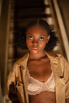 室内，一位穿着夹克和蕾丝胸罩的女子自信摆姿，肖像引人注目