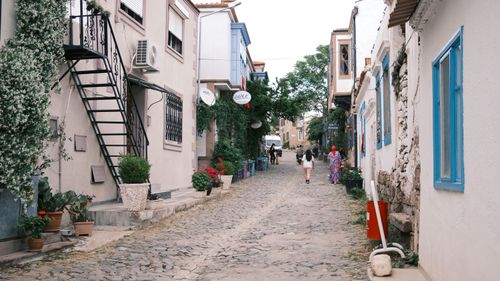 Free Explore the historic charm of a cobblestone street lined with colorful old buildings and lush greenery. Stock Photo