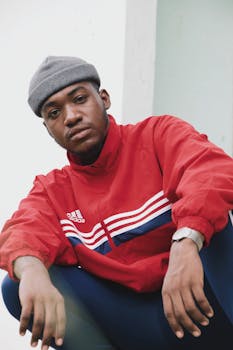 Portrait of a man in a red sports jacket and beanie, conveying modern urban fashion.