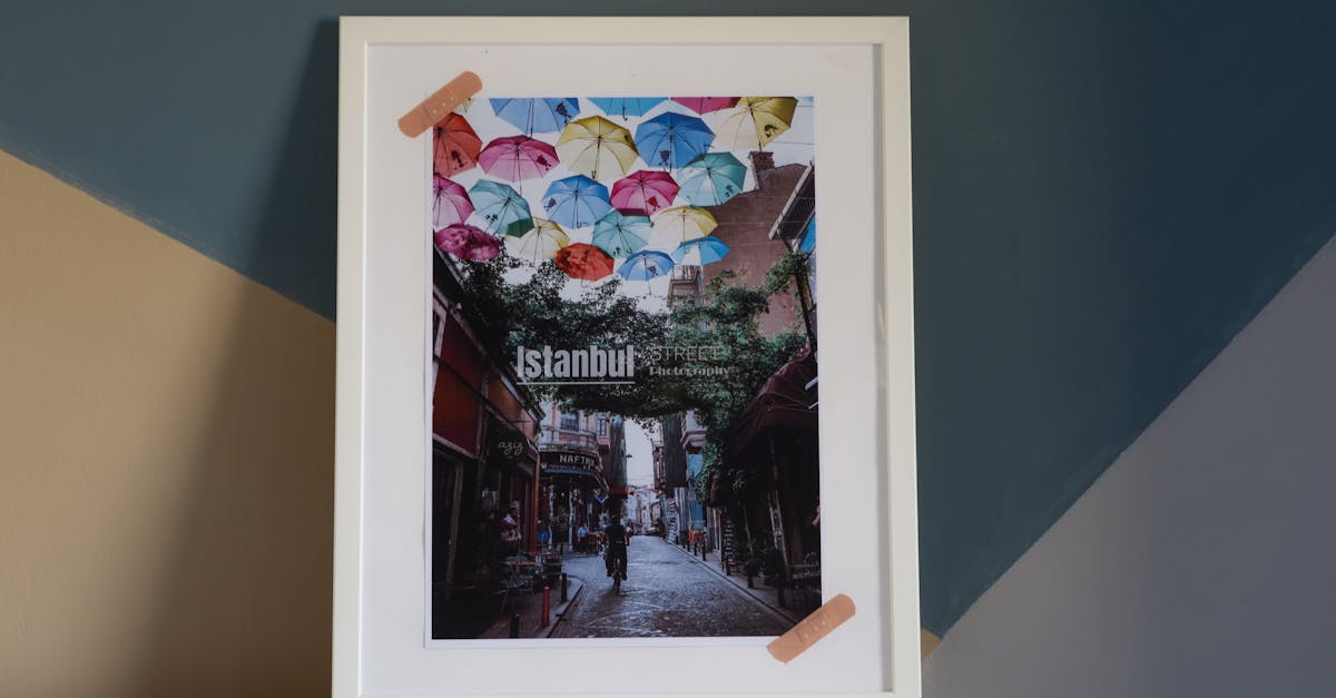 Framed photo of Istanbul street scene with vibrant umbrellas, perfect for home decor.