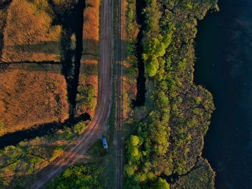 Aerial Photo of Blue Car Parked on Side of Road