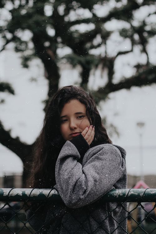Free A serene winter portrait of a woman leaning on a fence in a park in Teresópolis, Brazil. Stock Photo
