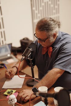 Man hosting a podcast, speaking into a microphone while taking notes, in an indoor studio setting.