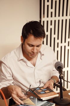Man reading book in a podcast studio with microphone and books.