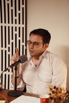Man wearing glasses engaged in podcast session, speaking into a microphone while seated indoors.
