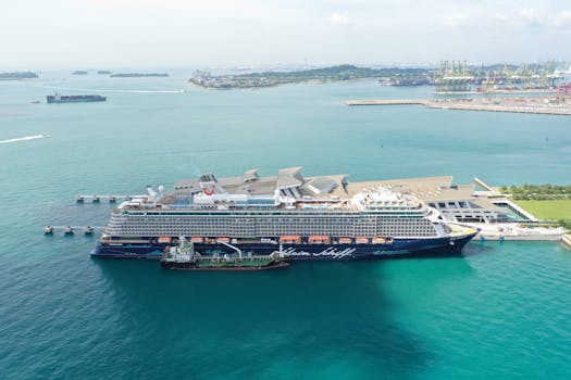Cruise ship Mein Schiff 5 moored at a vibrant Singapore harbor under clear skies.
