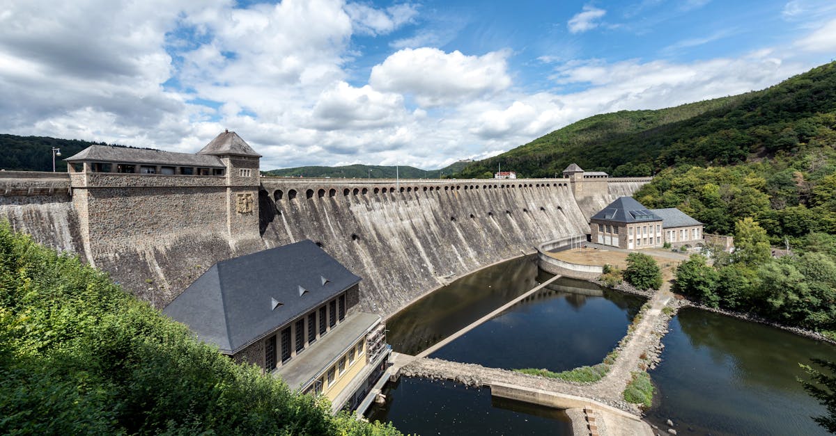 Scenic view of the historic Edersee Dam and surrounding landscape in Edertal, Germany.