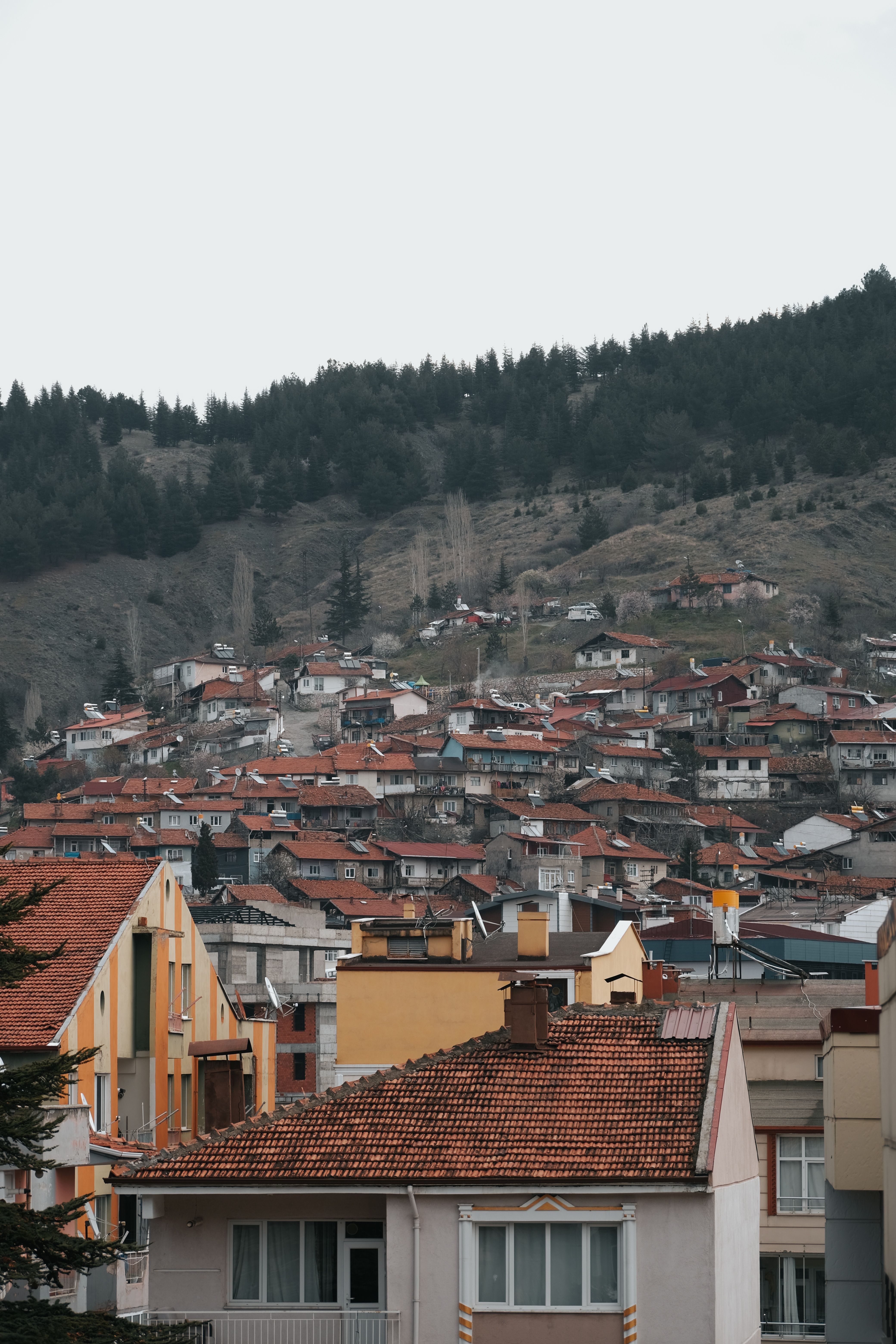 An elevated view of a town with red rooftops nestled in a mountainous area, showcasing urban and natural harmony.