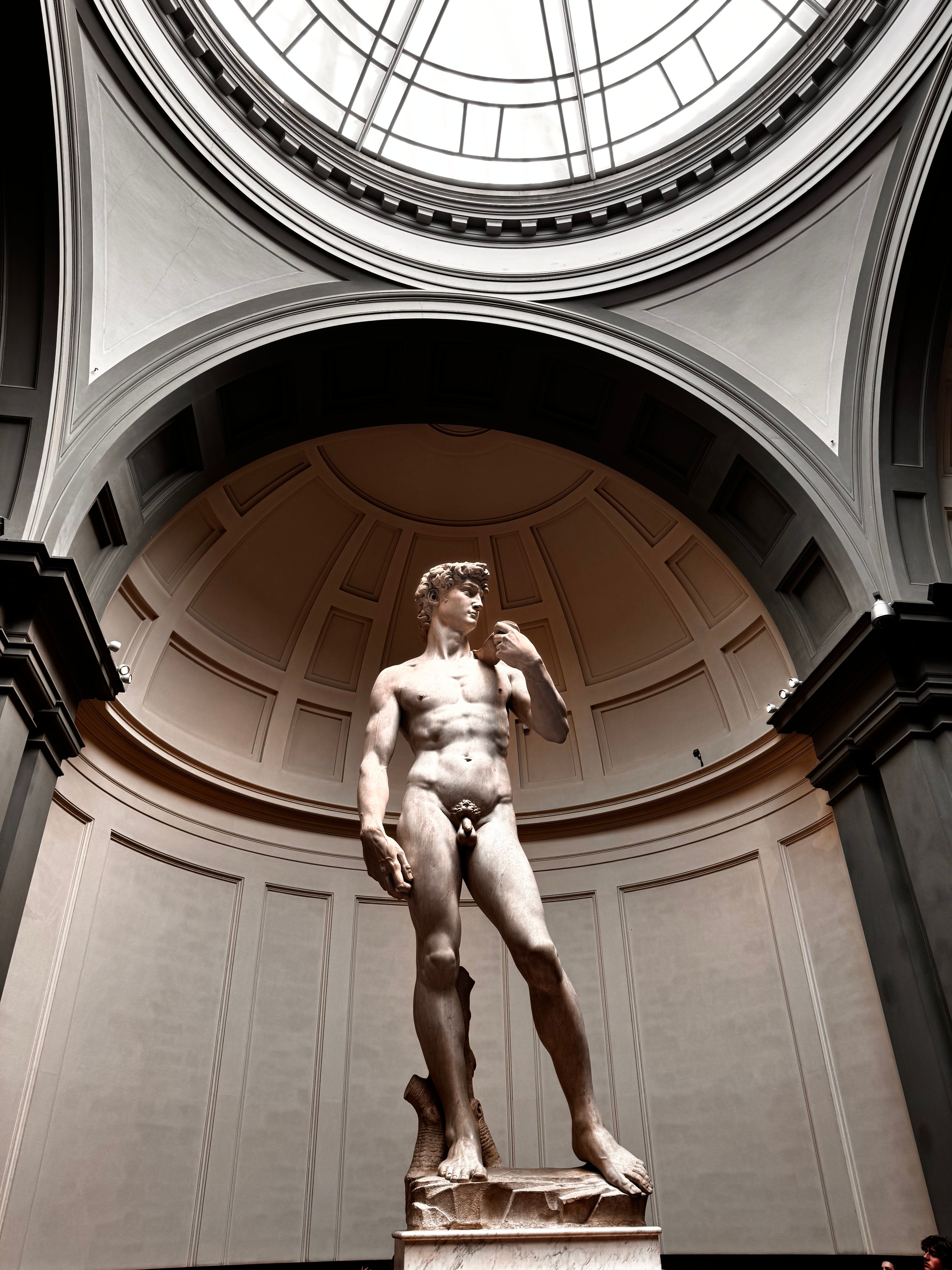 A captivating view of Michelangelo's David statue in the Galleria dell Accademia, Florence.