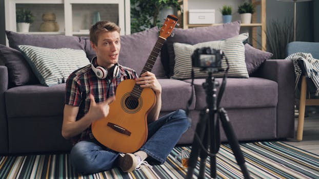 Adult man playing guitar while streaming music video indoors.