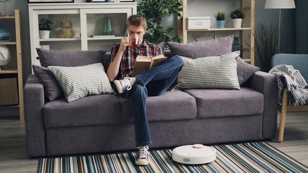 Adult man enjoys reading a book and drinking tea in a modern living room, featuring a cleaning robot and sofa.