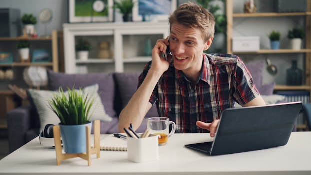 Man in a checkered shirt talks on phone in home office setting with laptop and coffee.