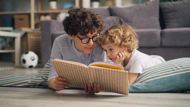 A woman and child reading a book on the floor