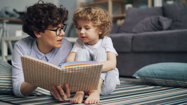 A woman and child reading a book on the floor