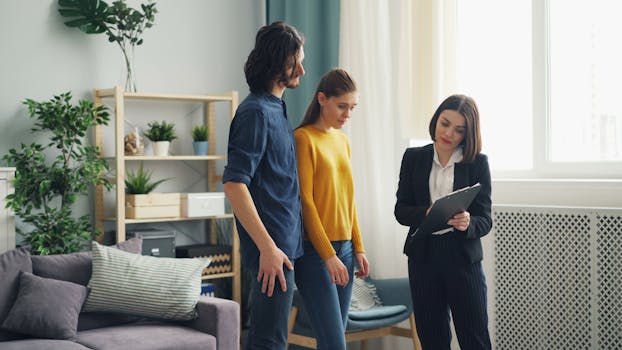 Real estate agent consulting a couple in a modern living room setting, surrounded by indoor plants.