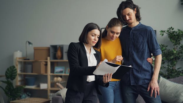 Young couple consulting with a real estate agent about property one indoors.