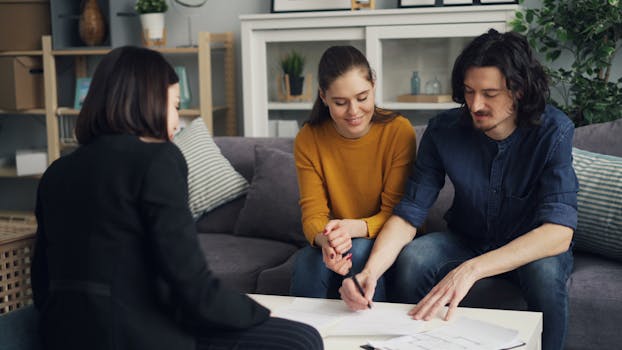 Three people sitting on a couch and looking at paperwork