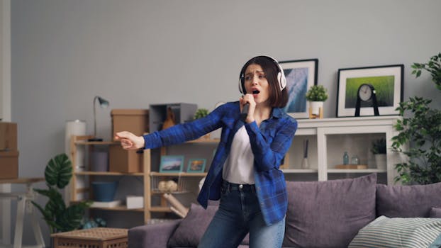 A woman singing in a living room with a microphone