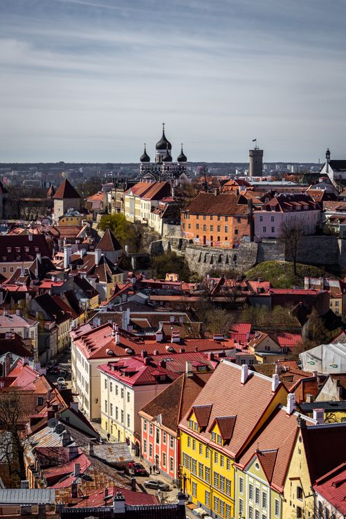 Free Explore the stunning rooftops and vibrant architecture of Tallinn's Old Town with its iconic towers. Stock Photo