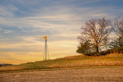 A windmill is in the middle of a field