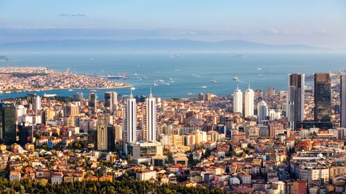 Free A stunning aerial view of Istanbul's skyline with the Bosphorus and modern skyscrapers. Stock Photo