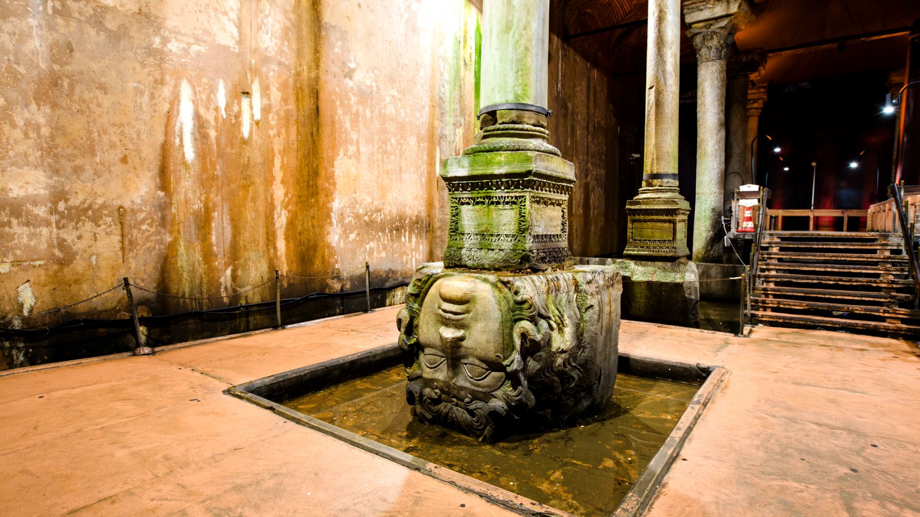 Explore the ancient Medusa sculpture at the Basilica Cistern in Istanbul, Turkey.