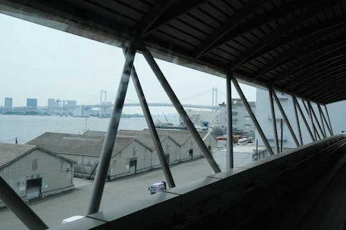 A view of a bridge and water from inside a train