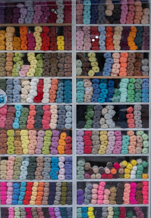 A display of yarns and other yarns in a store