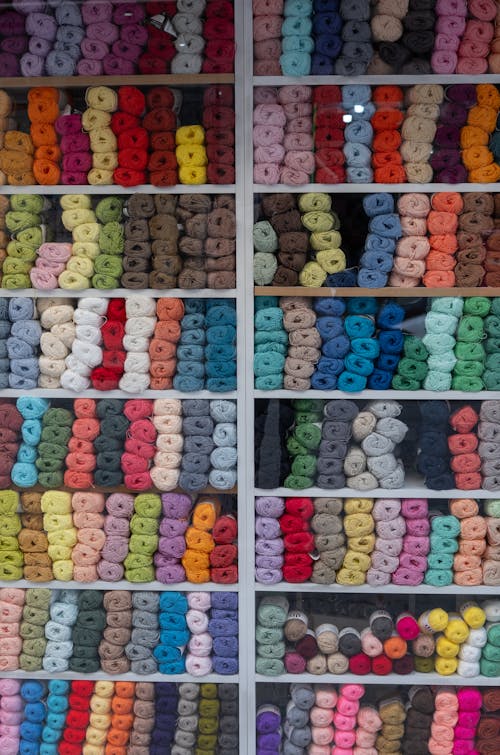 A display of yarns and other yarns in a store