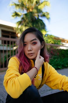 一位粉发黄衫的时尚年轻女子在城市街景中摆拍