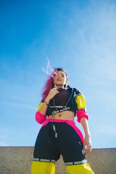 Colorful portrait of a young woman with pink hair in a stylish outfit against a clear blue sky.