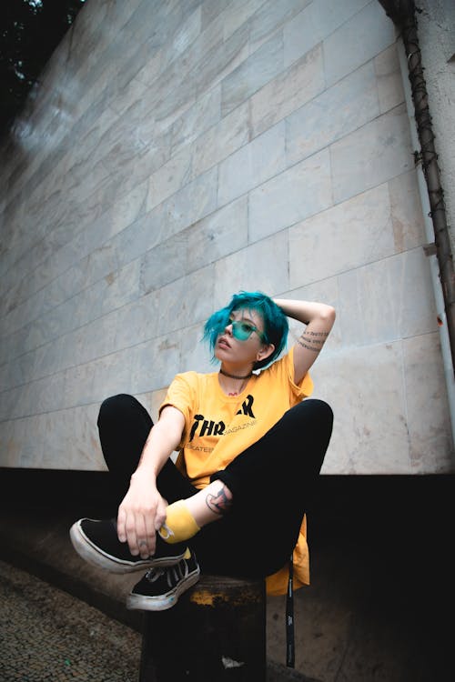 Women's Yellow Shirt and Blue Hair