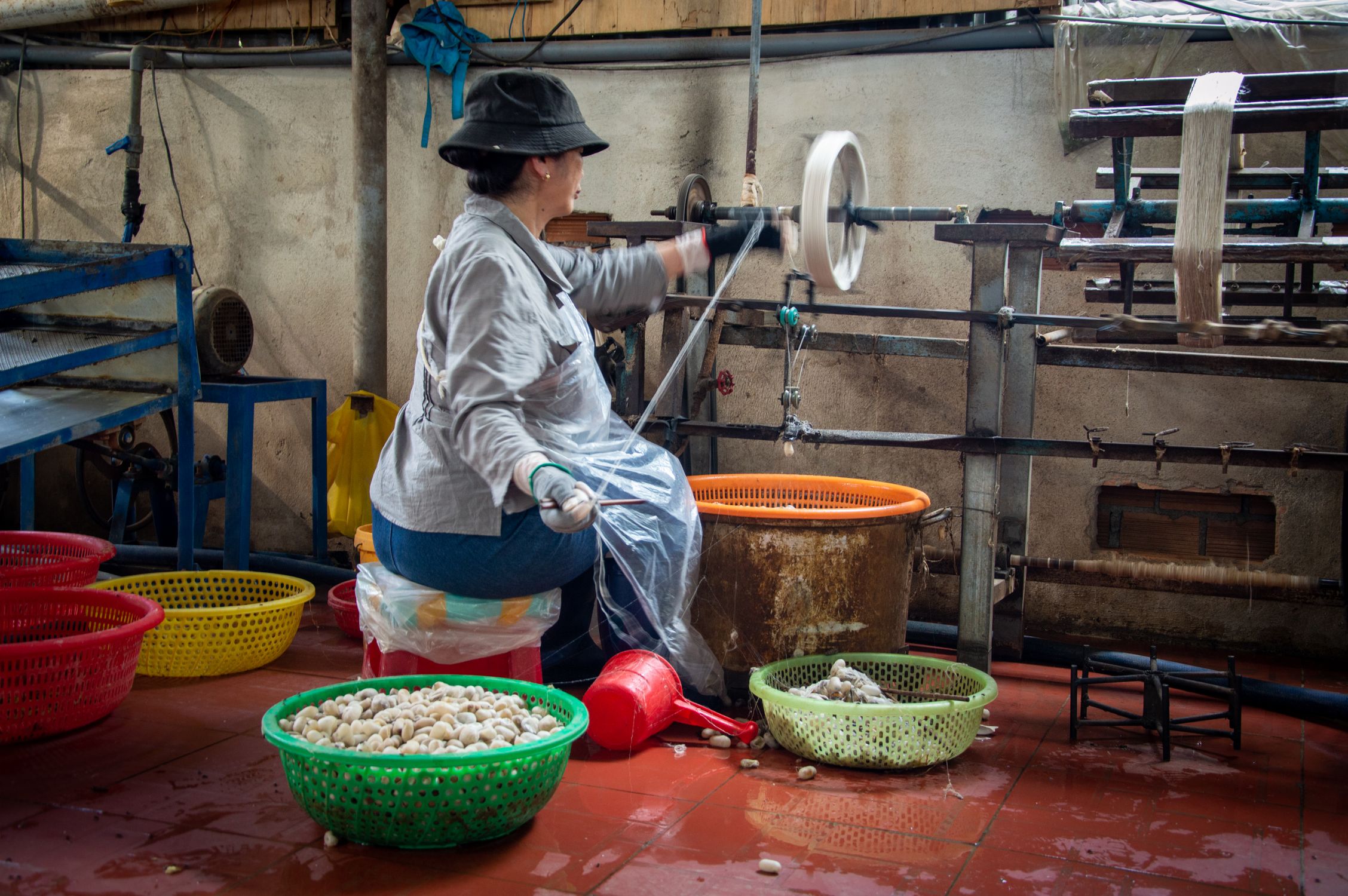 Silworm Thread Woman in the Studio, Weaving a Silk Thread, and Silkworm Cocoons in ...