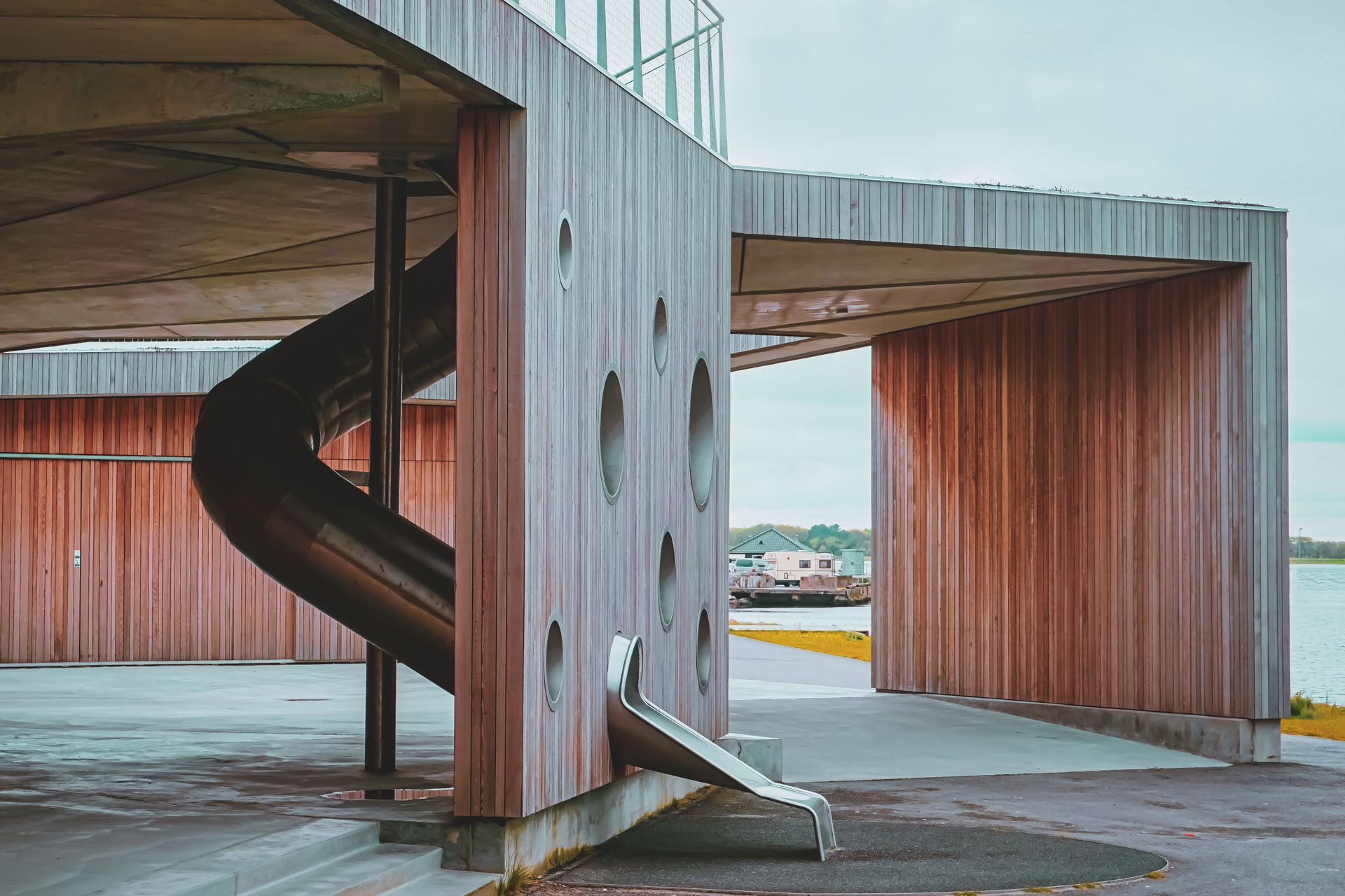 Modern architectural playground structure by the lake in Aalborg, Denmark.