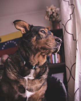 一只狗在室内望向窗外，表情若有所思的特写，捕捉自然