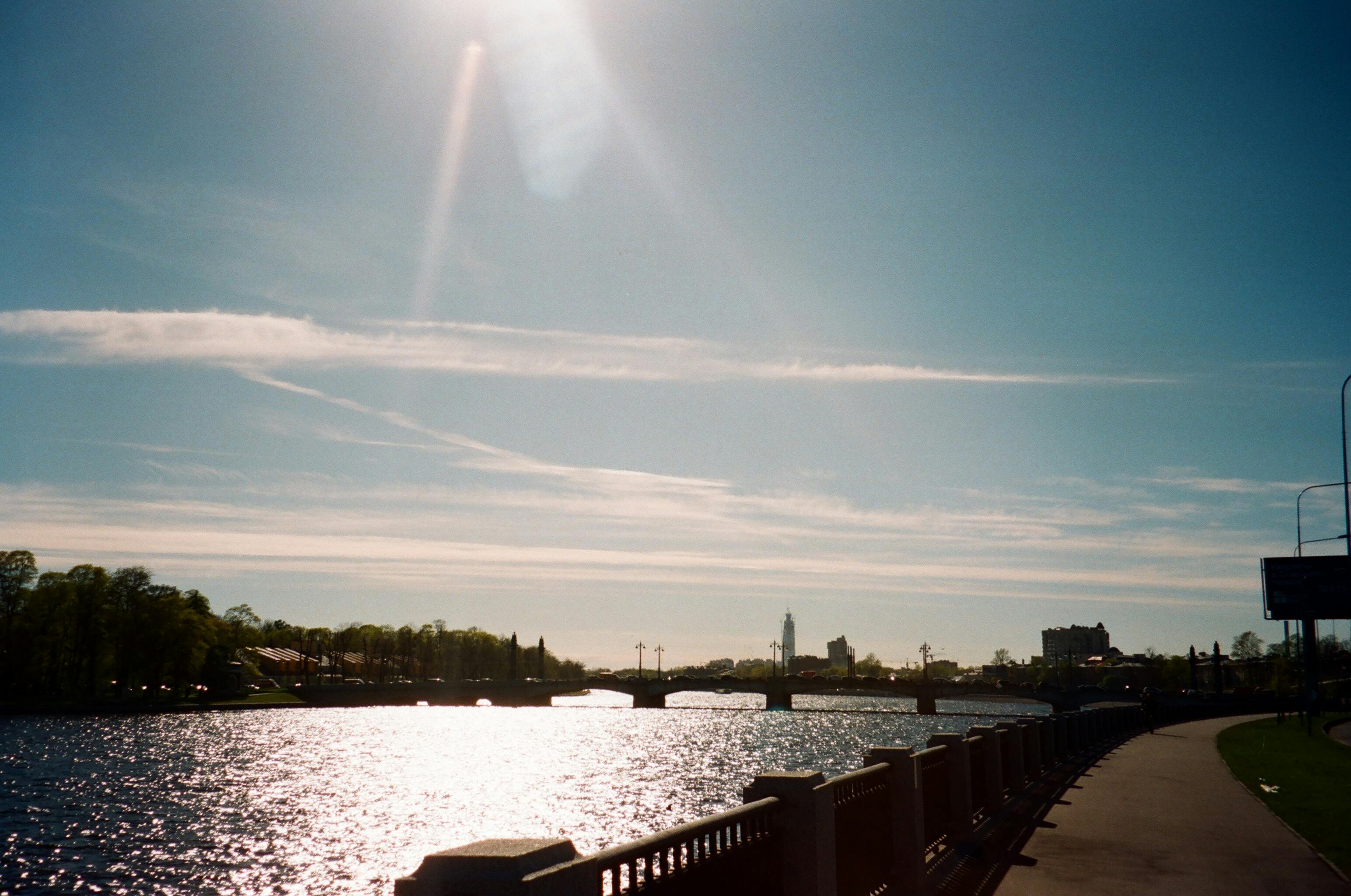晴朗的天空下，宁静的河上，一座桥的风景如画