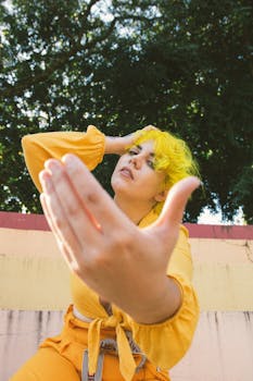 一位黄发年轻女子身着鲜艳服装，在户外摆出姿势，散发着俏皮时尚的气息