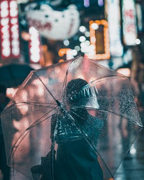 夜晚，大阪繁华多雨的街道上，一个撑着伞的人穿行而过
