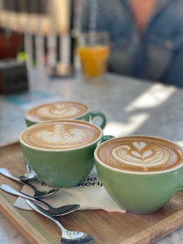 Enjoy three beautifully crafted lattes with intricate latte art in an Amsterdam café.