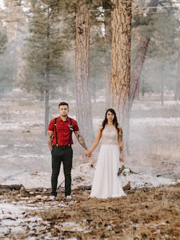 新娘和新郎在雾蒙蒙的森林中牵手，营造出浪漫的氛围
