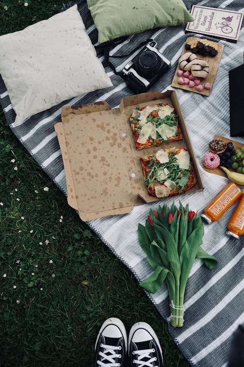 A picnic blanket with pizza, flowers, and a pair of sneakers