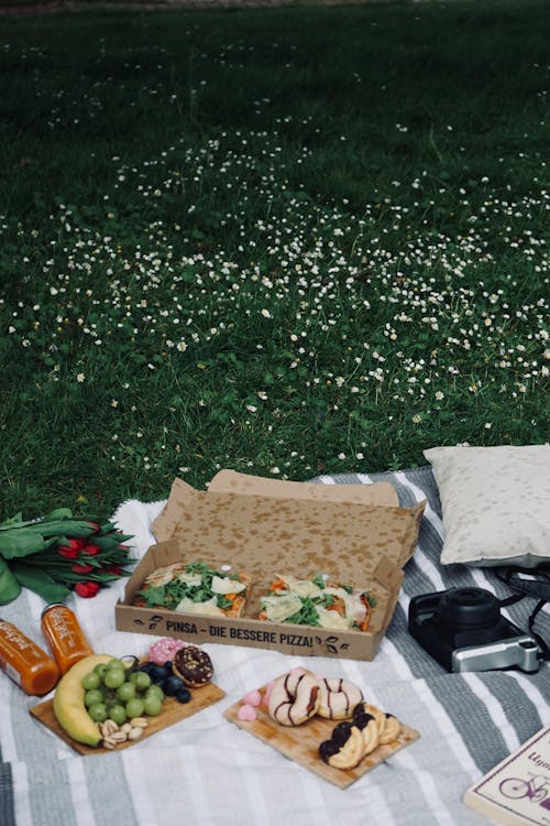 A picnic with food and drinks on a blanket