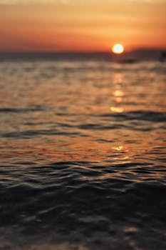 平静的日落映照在海洋上，海浪轻柔，天空充满活力